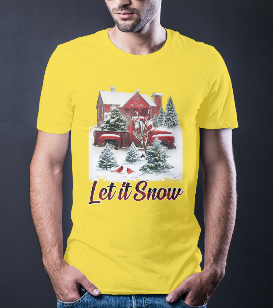 Let It Snow Cardinal Birds Red Tree Farm Holiday Scene T-Shirt