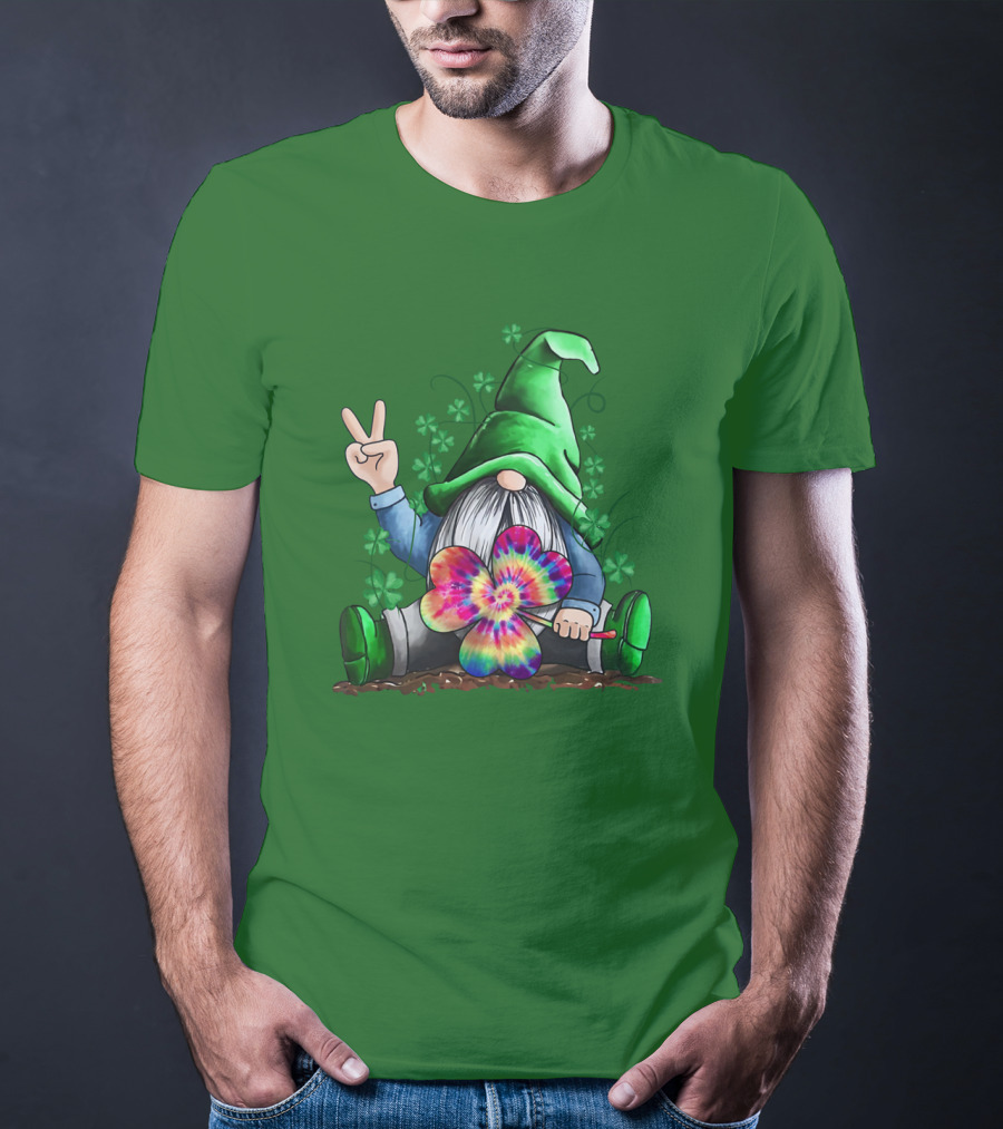 Hippie Gnome Irish With Tie-Dye Shamrock And Peace Sign T-Shirt