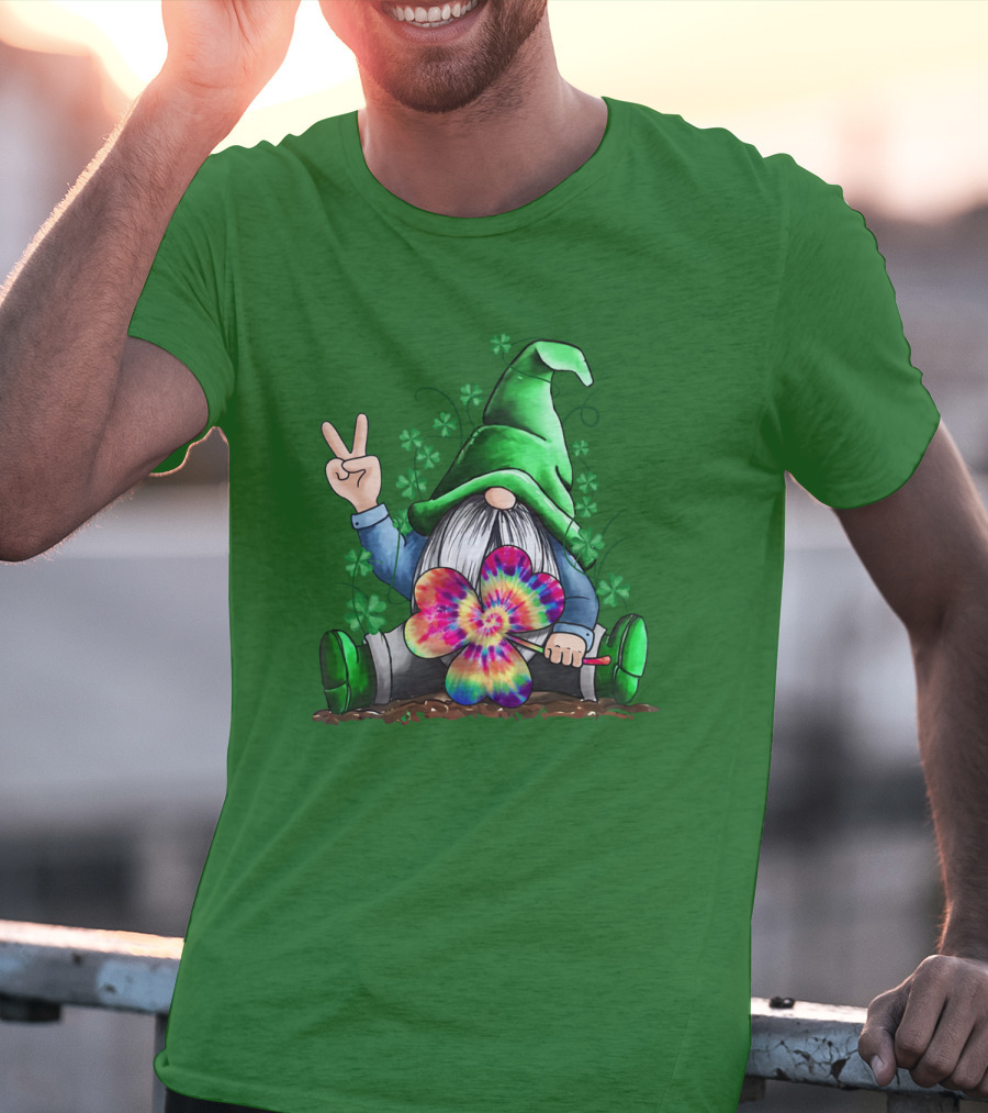 Hippie Gnome Irish With Tie-Dye Shamrock And Peace Sign T-Shirt