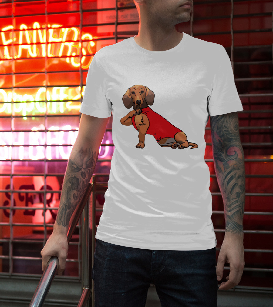 I Love Mom Dachshund Tattoo Puppy In Red T-Shirt