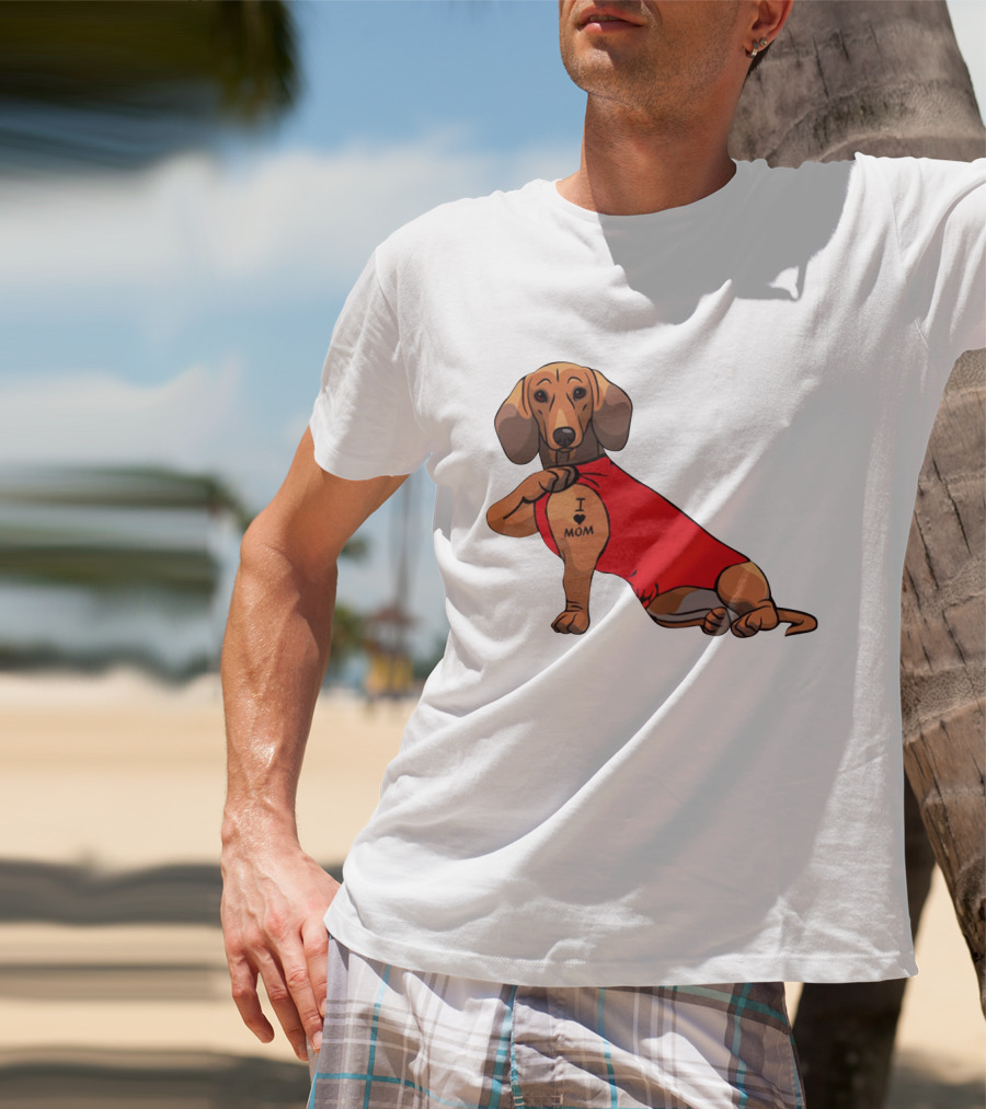 I Love Mom Dachshund Tattoo Puppy In Red T-Shirt