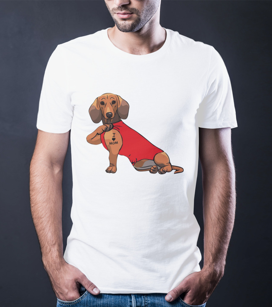 I Love Mom Dachshund Tattoo Puppy In Red T-Shirt