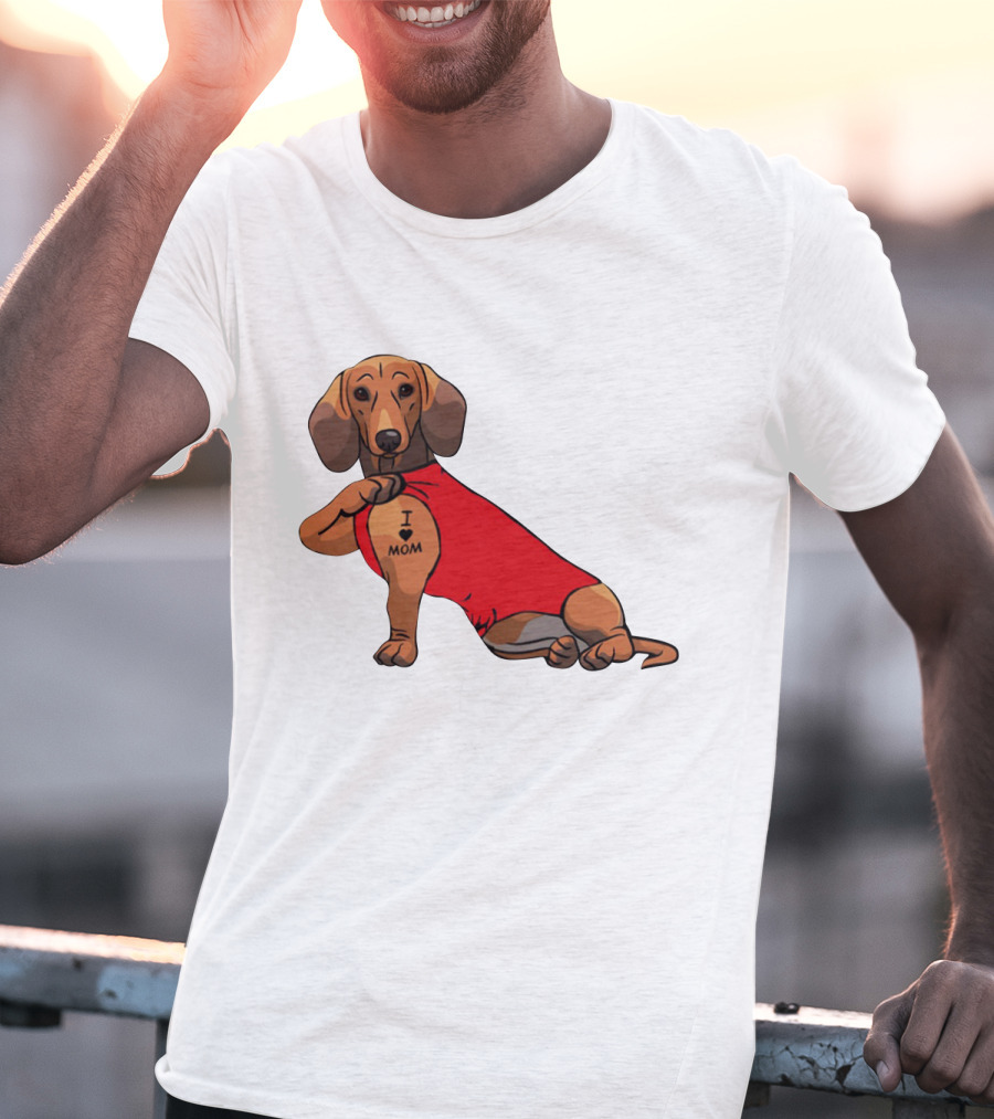 I Love Mom Dachshund Tattoo Puppy In Red T-Shirt