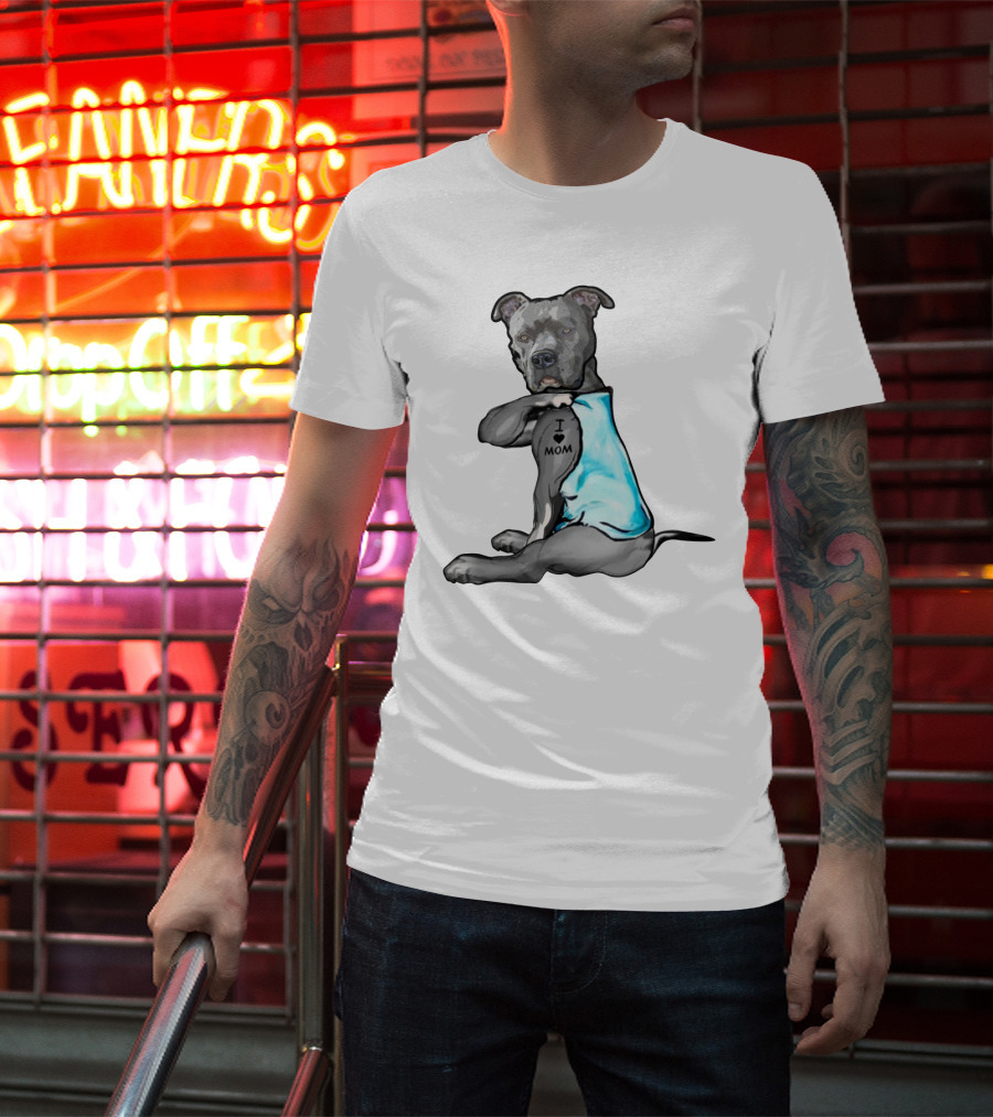 Pitbull I Love Mom Tattoo Blue T-Shirt