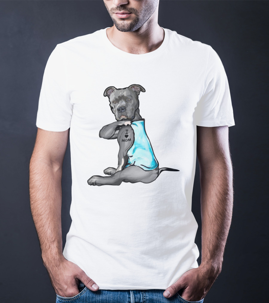 Pitbull I Love Mom Tattoo Blue T-Shirt