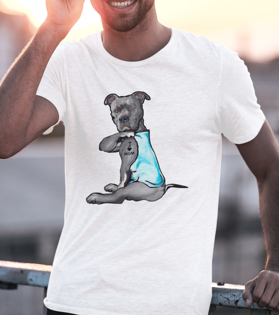Pitbull I Love Mom Tattoo Blue T-Shirt