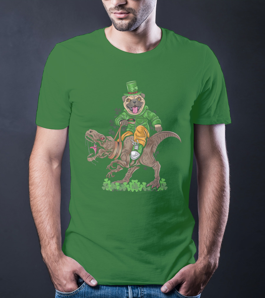 St Patricks Day Pug Puppy Riding Dinosaur Rex With Shamrocks And Leprechaun Hat T-Shirt