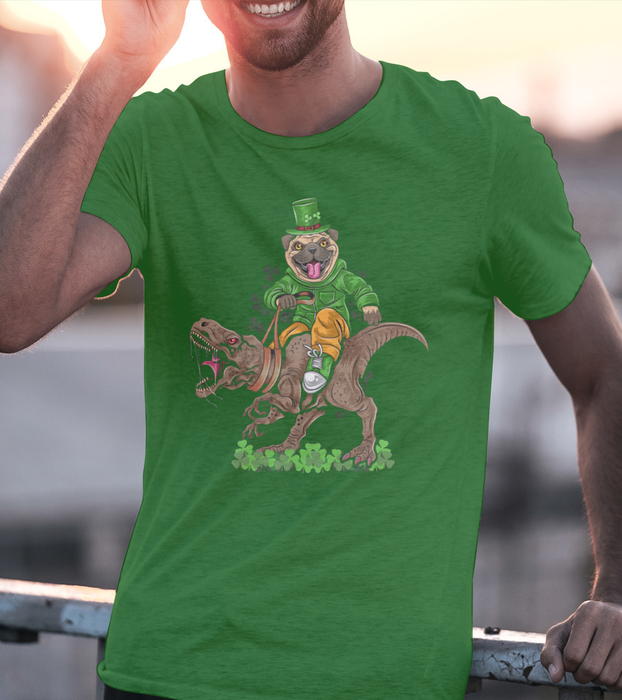 St Patricks Day Pug Puppy Riding Dinosaur Rex With Shamrocks And Leprechaun Hat T-Shirt