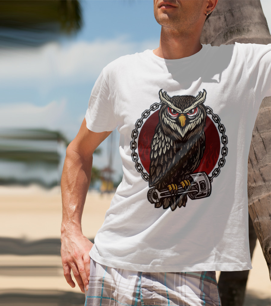Owl And Piston Motorbike Enthusiast Chain Flame Background T-Shirt