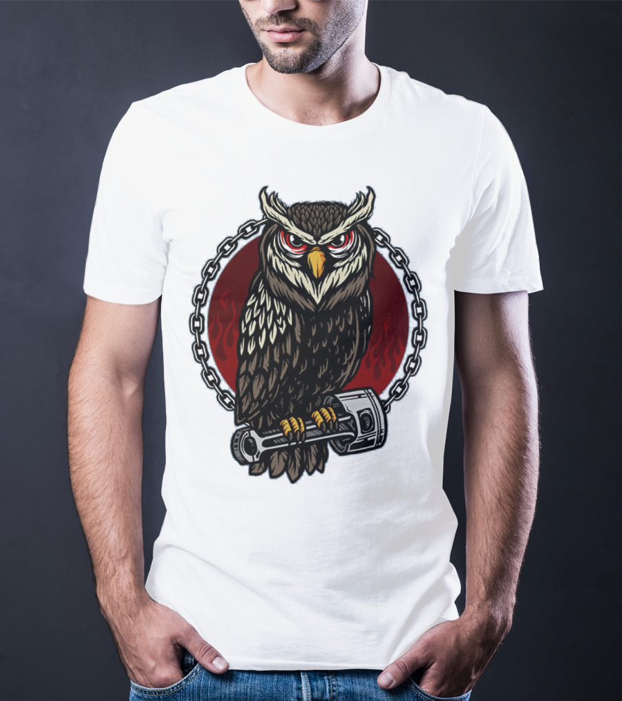 Owl And Piston Motorbike Enthusiast Chain Flame Background T-Shirt