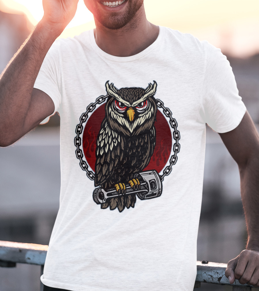 Owl And Piston Motorbike Enthusiast Chain Flame Background T-Shirt