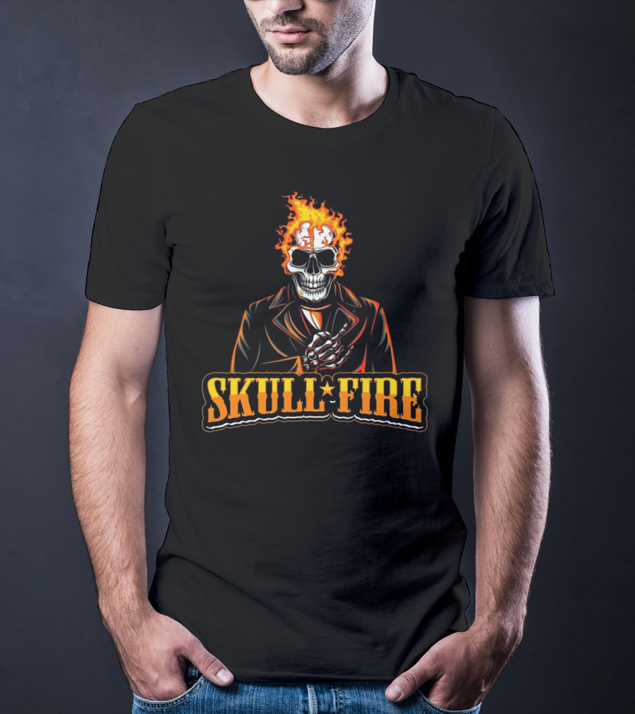Skull Fire Flaming Skeleton In Dark Suit T-Shirt