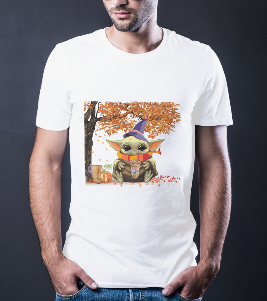 Baby Yoda Autumn Magic Coffee Hug Halloween Wizard Hat Scarf Pumpkin Leaves T-Shirt