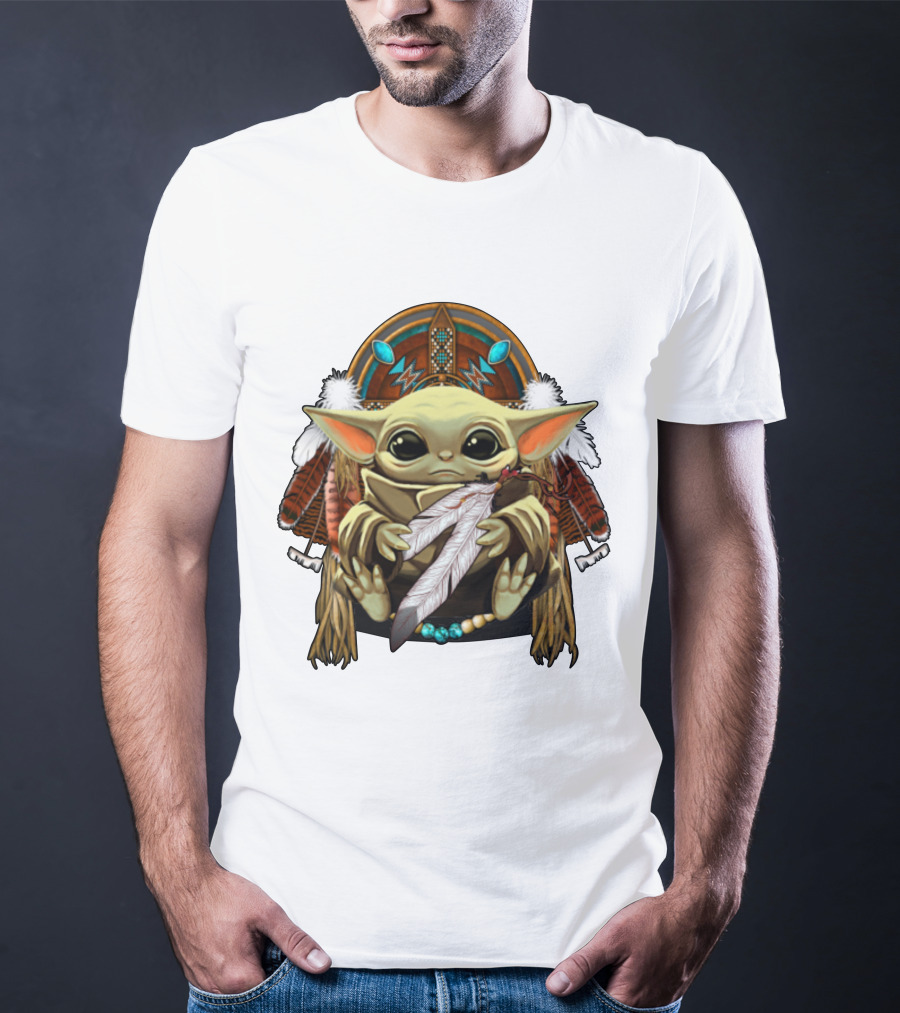 Baby Yoda Native American Headdress Feathers And Beads T-Shirt