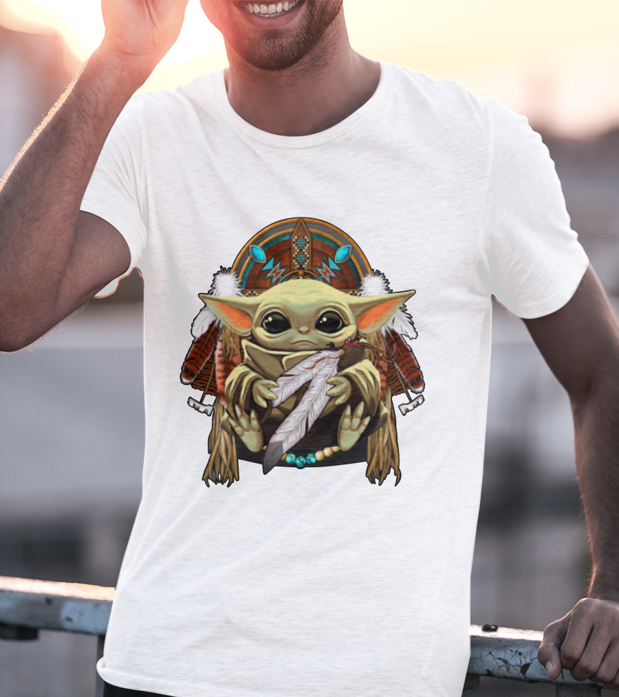 Baby Yoda Native American Headdress Feathers And Beads T-Shirt