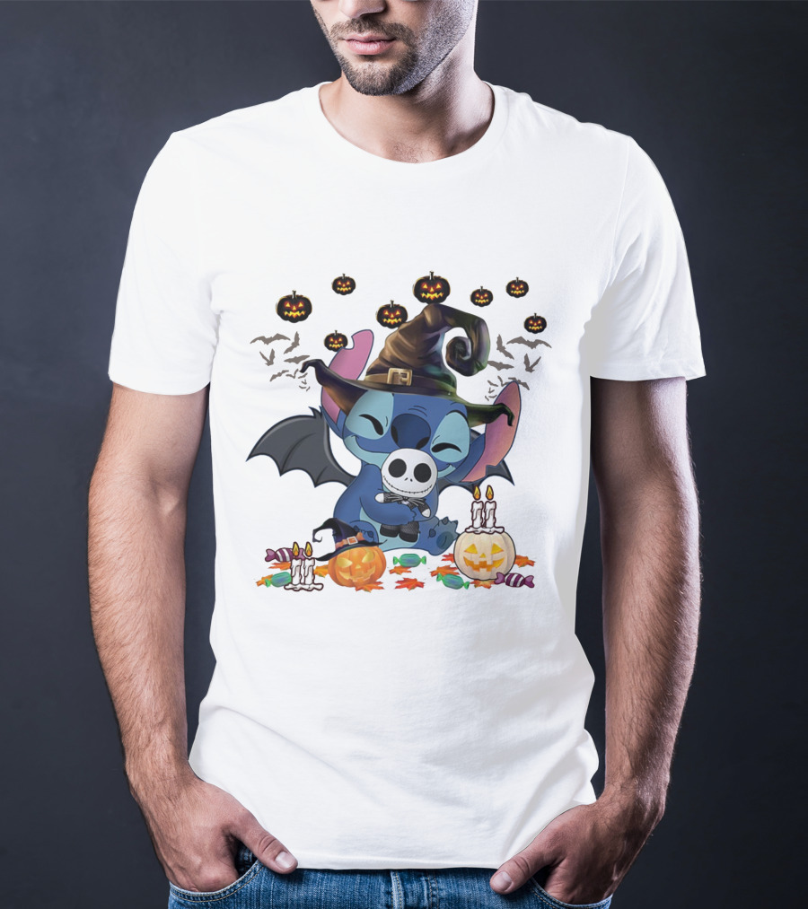 Happy Halloween Stitch Hugs Witch Baby Jack Skellington Pumpkins Candles Bats T-Shirt