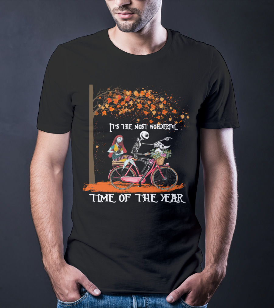 Jack And Sally It's The Most Wonderful Time Of The Year Bicycle Ride Under Autumn Tree T-Shirt