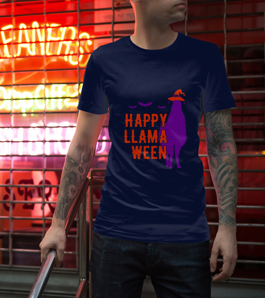 Happy Llamaween Llama Halloween Bat Witch Hat T-Shirt