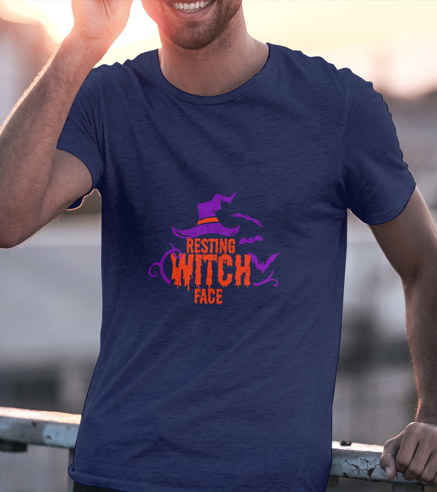 Resting Witch Face Witch Hat Bats Halloween T-Shirt