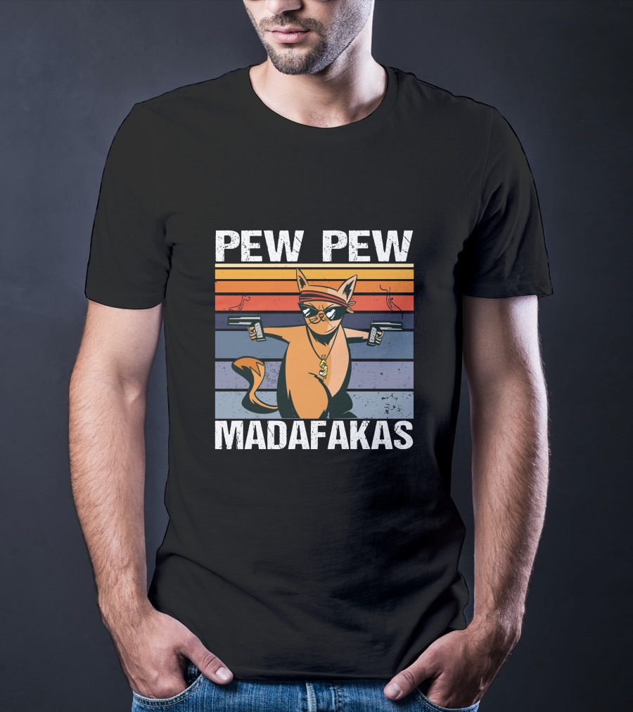 Pew Pew Madafakas Cat With Sunglasses And Retro Stripes T-Shirt