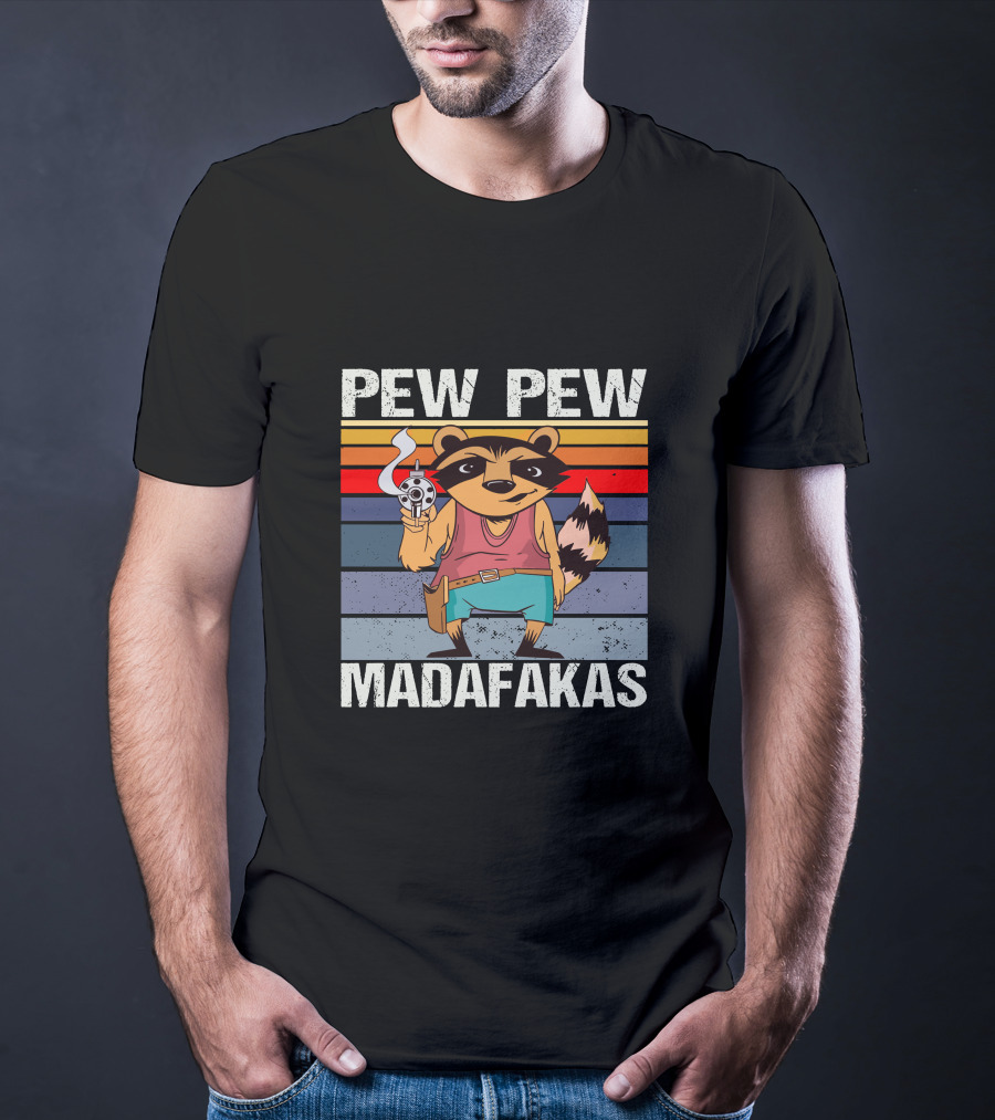 Pew Pew Madafakas Raccoon Retro Stripes Smoking Gun T-Shirt