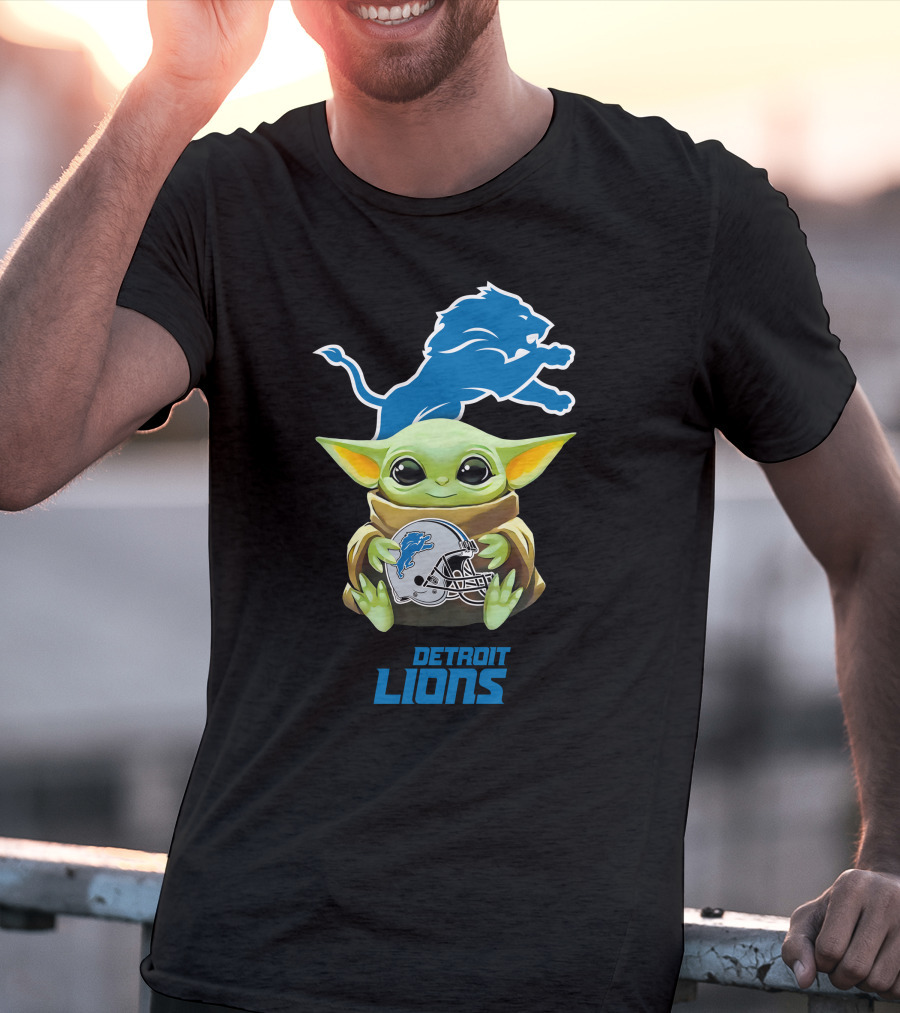 Baby Yoda Holding Detroit Lions Helmet T-Shirt