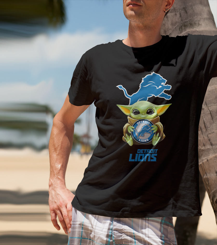 Baby Yoda Holding Detroit Lions Emblem With Team T-Shirt