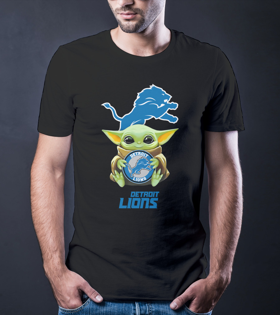 Baby Yoda Holding Detroit Lions Emblem With Team T-Shirt
