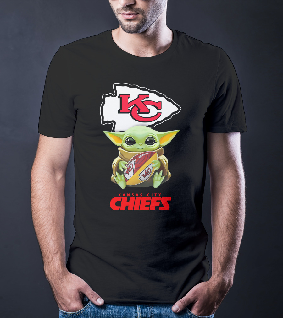Baby Yoda Holding Kansas City Chiefs Football T-Shirt