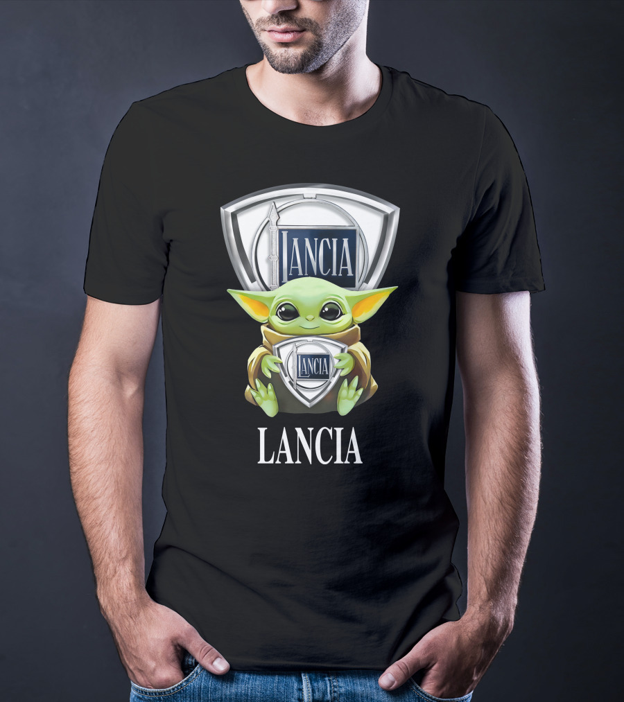 Baby Yoda Holding Lancia Logo With Lancia Text T-Shirt