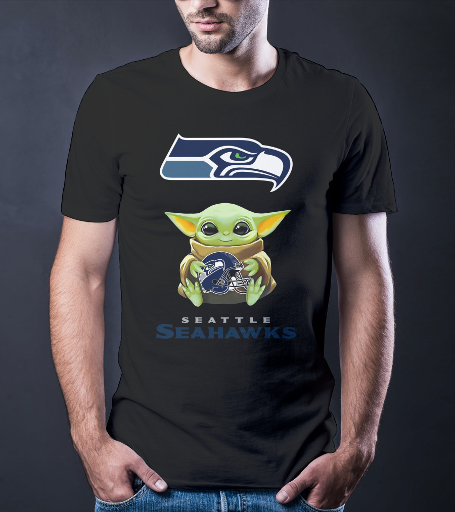 Baby Yoda Holding Seattle Seahawks Helmet T-Shirt