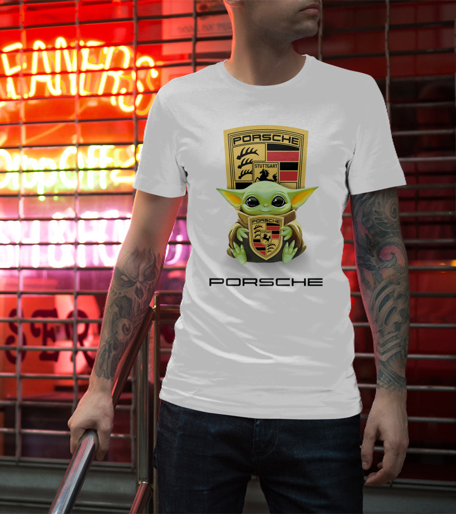 Baby Yoda Holding Stuttgart Porsche Crest T-Shirt