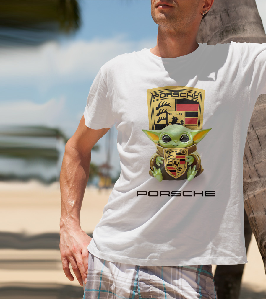 Baby Yoda Holding Stuttgart Porsche Crest T-Shirt