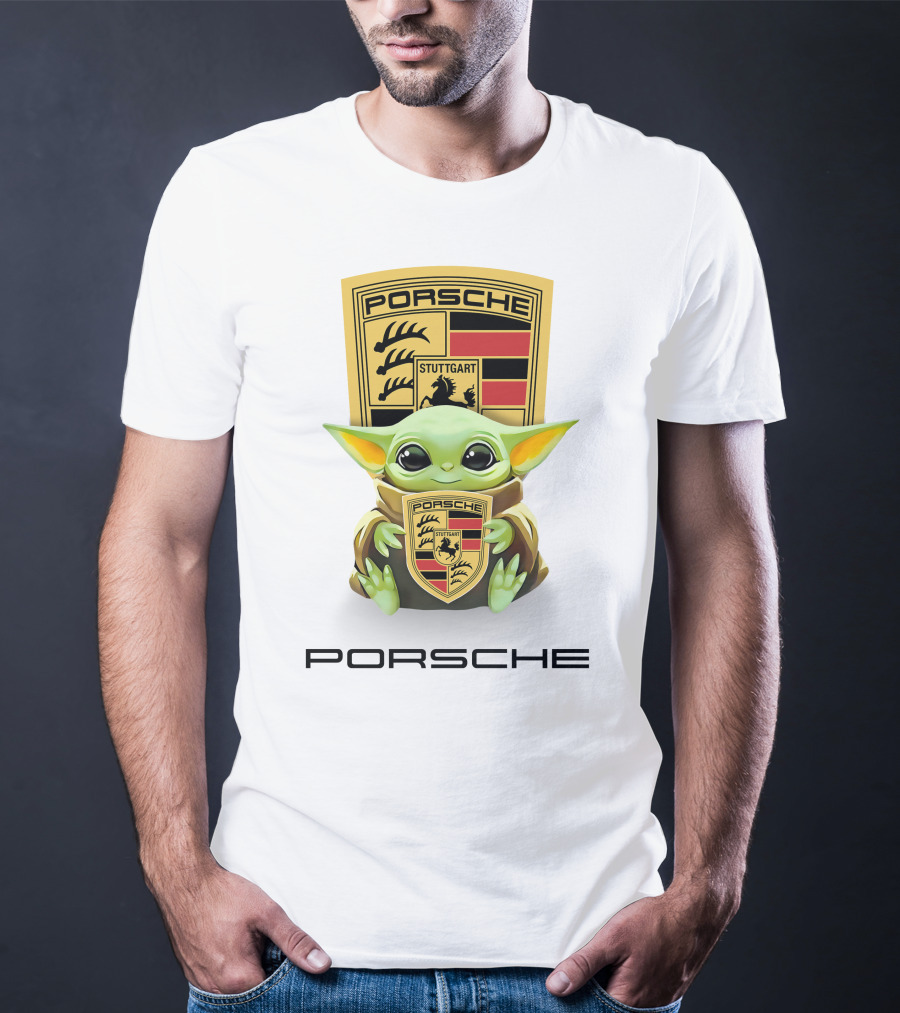 Baby Yoda Holding Stuttgart Porsche Crest T-Shirt