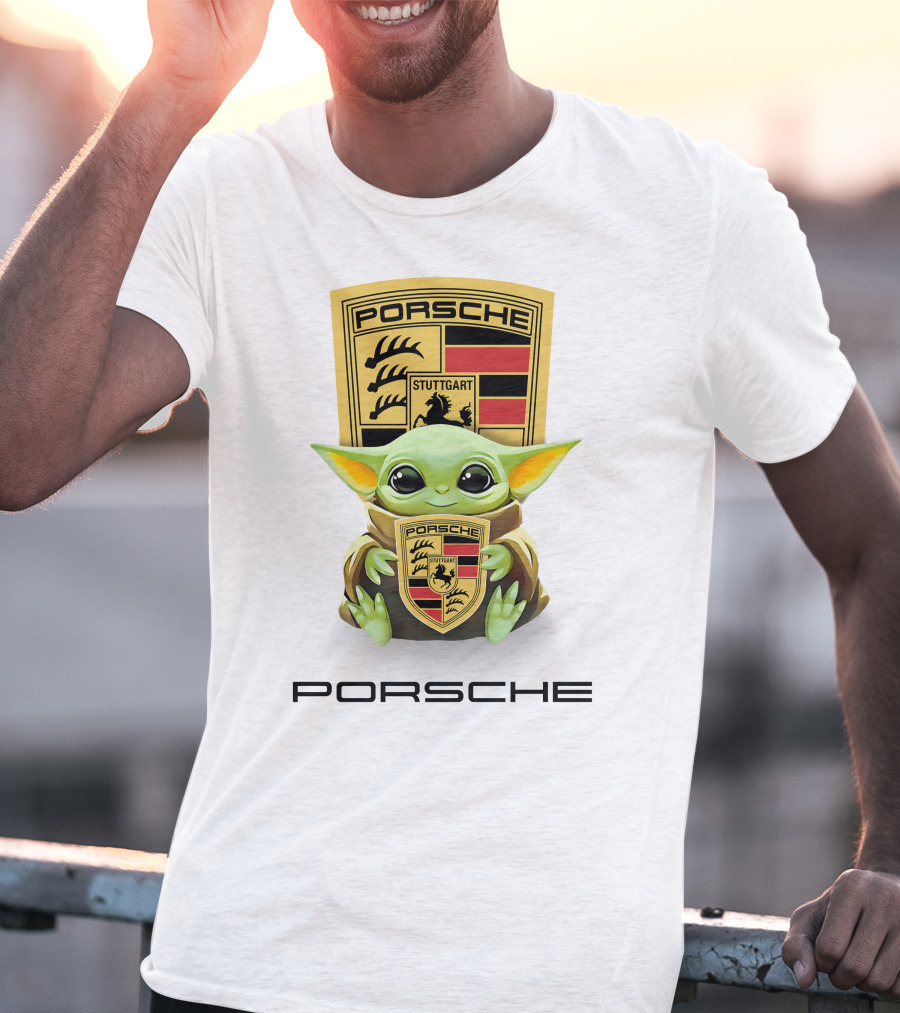 Baby Yoda Holding Stuttgart Porsche Crest T-Shirt
