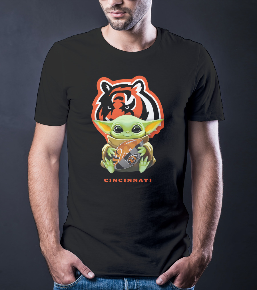 Star Wars Baby Yoda Hugging Cincinnati Bengals Logo Football T-Shirt