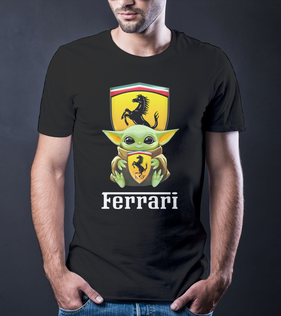 Star Wars Baby Yoda Holding Ferrari Logo Black T-Shirt