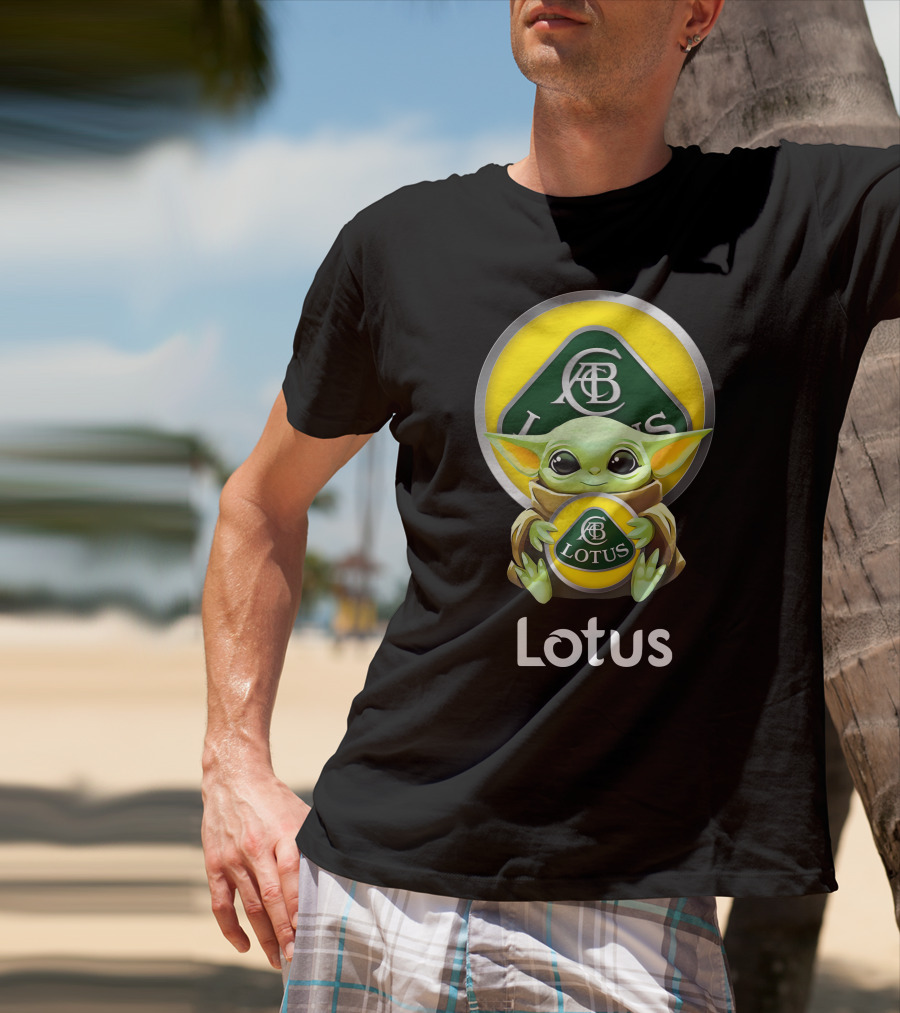 Star Wars Baby Yoda Hugging Lotus Car Logo On Black T-Shirt