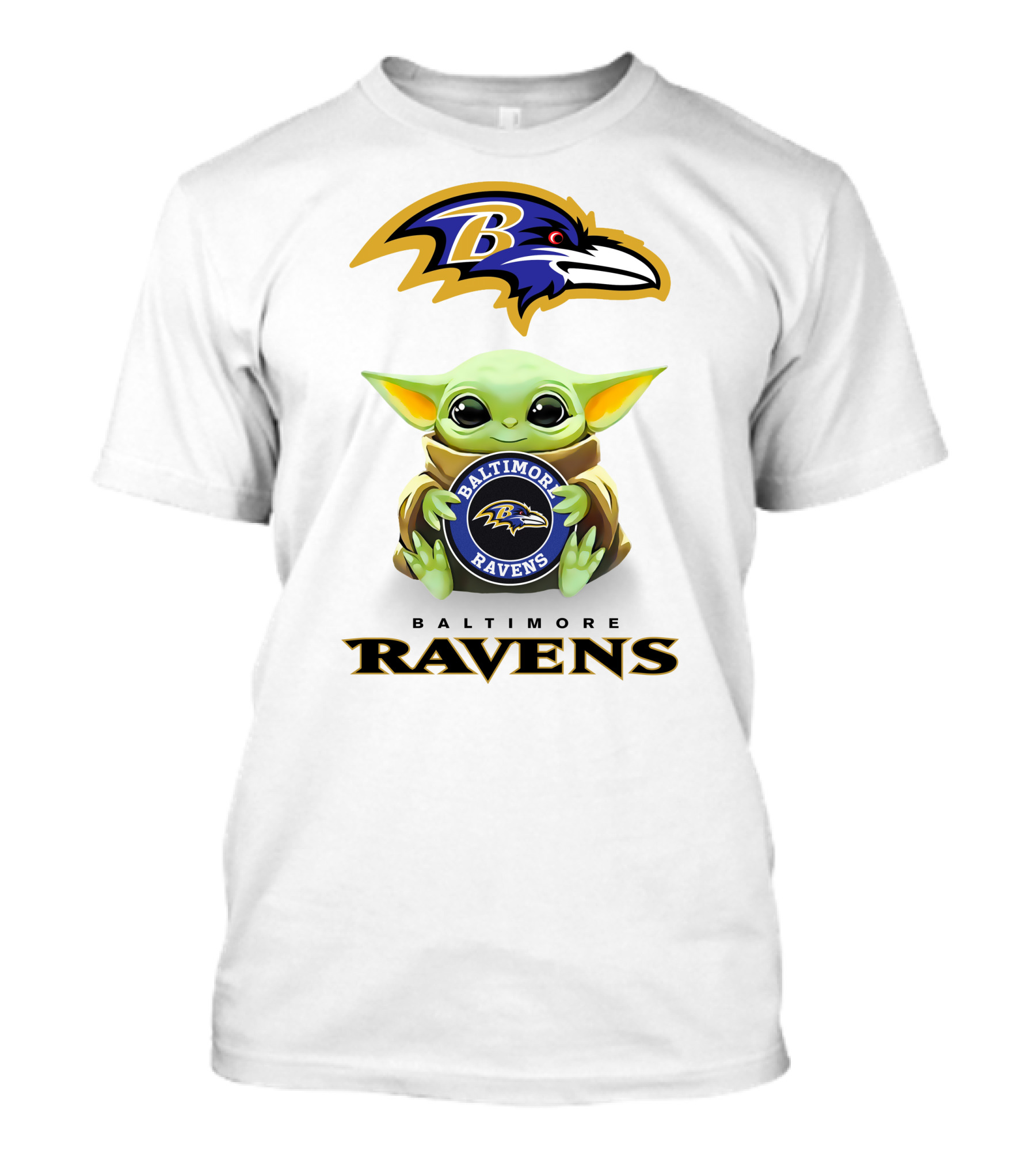 Baby Yoda Holding Baltimore Ravens Logo With Team Emblem And Name T-Shirt