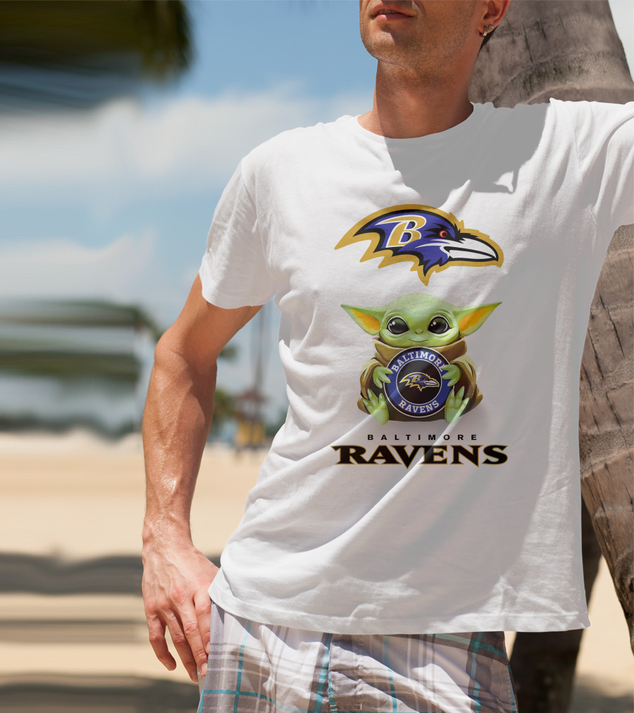 Baby Yoda Holding Baltimore Ravens Logo With Team Emblem And Name T-Shirt