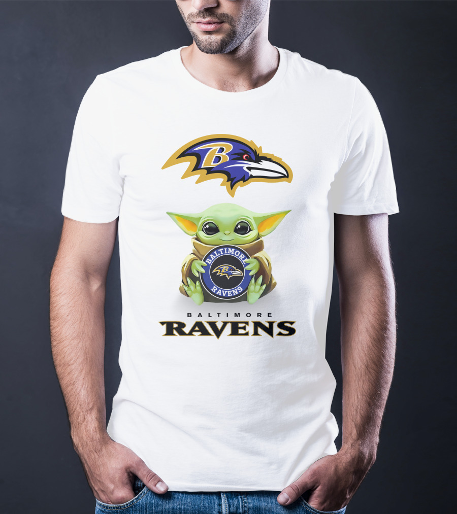 Baby Yoda Holding Baltimore Ravens Logo With Team Emblem And Name T-Shirt