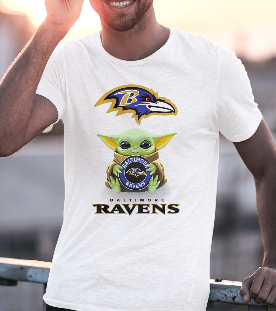 Baby Yoda Holding Baltimore Ravens Logo With Team Emblem And Name T-Shirt