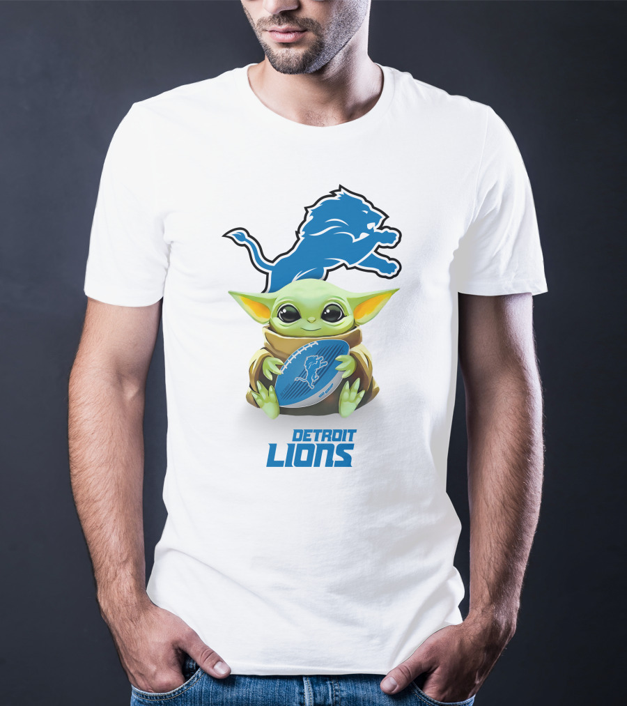 Baby Yoda Hugging Detroit Lions Football T-Shirt