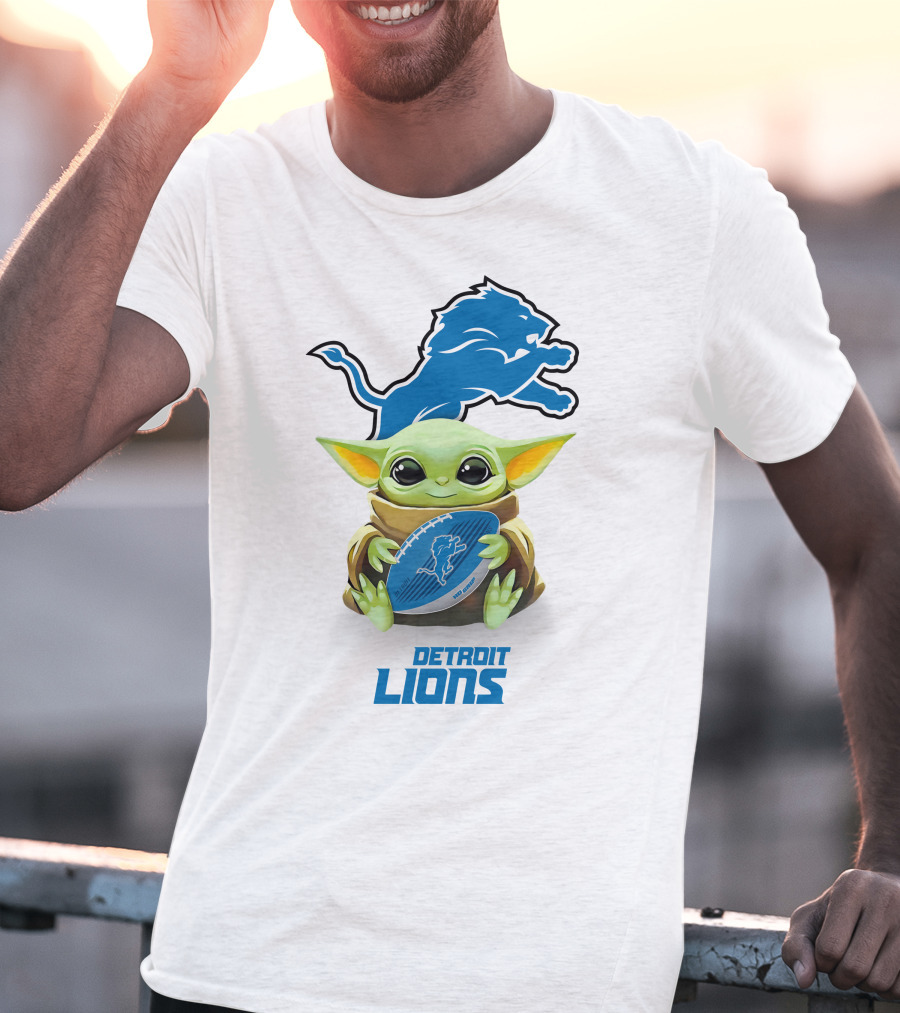 Baby Yoda Hugging Detroit Lions Football T-Shirt
