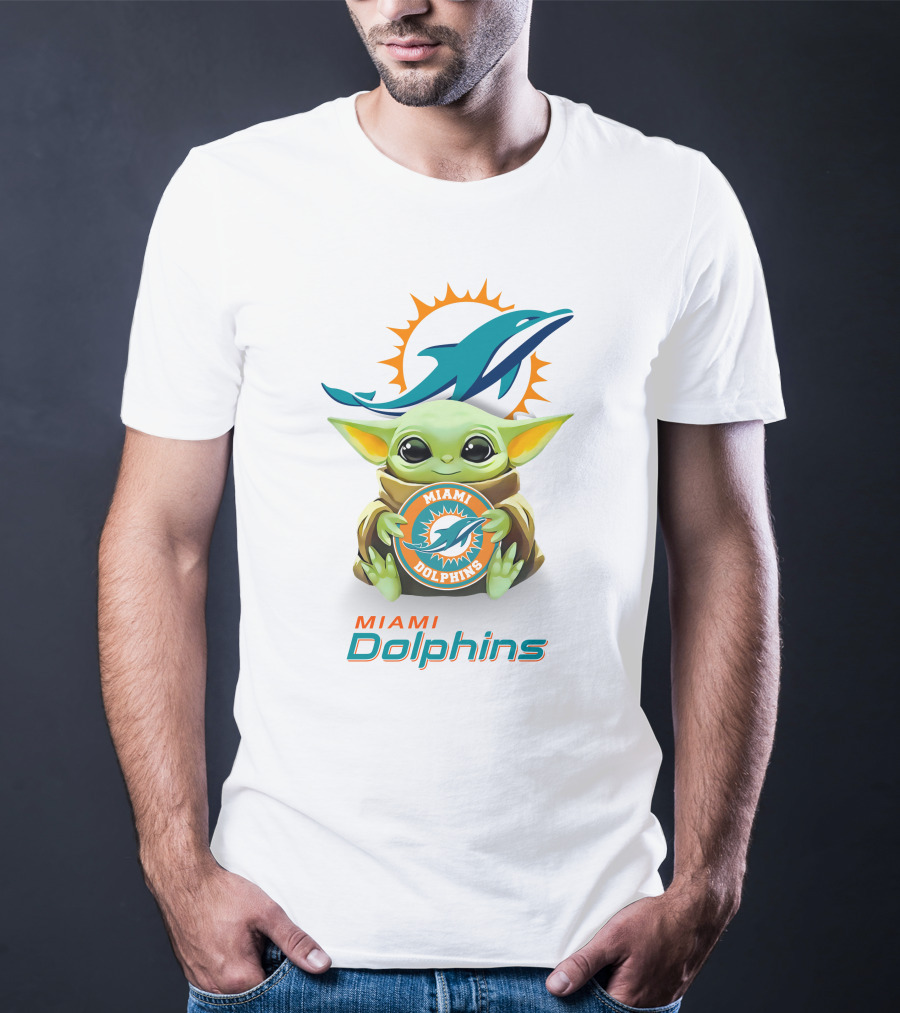 Baby Yoda Holding Miami Dolphins Logo Fan T-Shirt