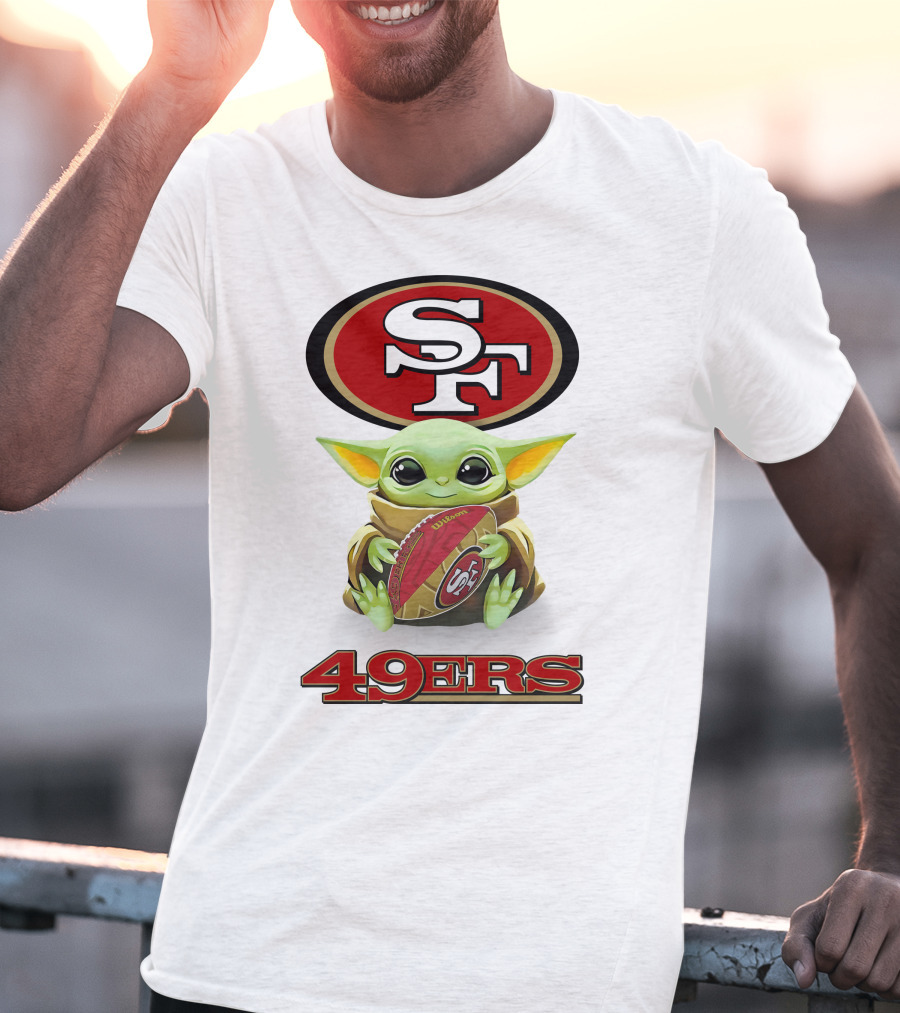 Baby Yoda Hugging San Francisco 49ers Football SF Logo 49ers Fan Gear T-Shirt