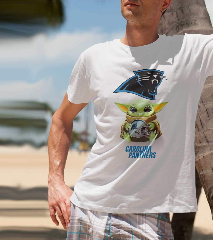 Star Wars Baby Yoda Holding Carolina Panthers Helmet T-Shirt