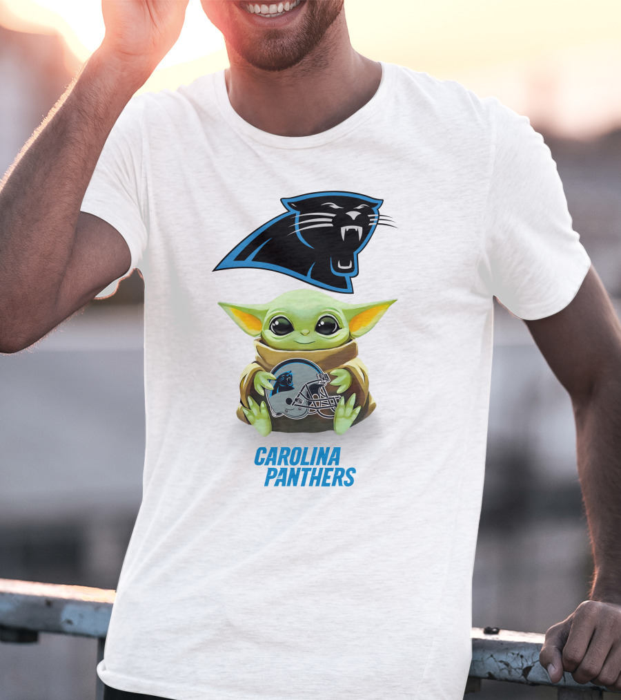 Star Wars Baby Yoda Holding Carolina Panthers Helmet T-Shirt