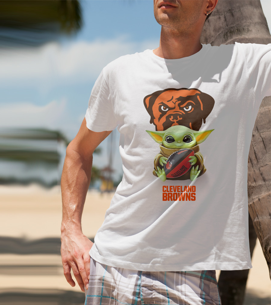 Baby Yoda Holding Cleveland Browns Football With Team Logo Background T-Shirt