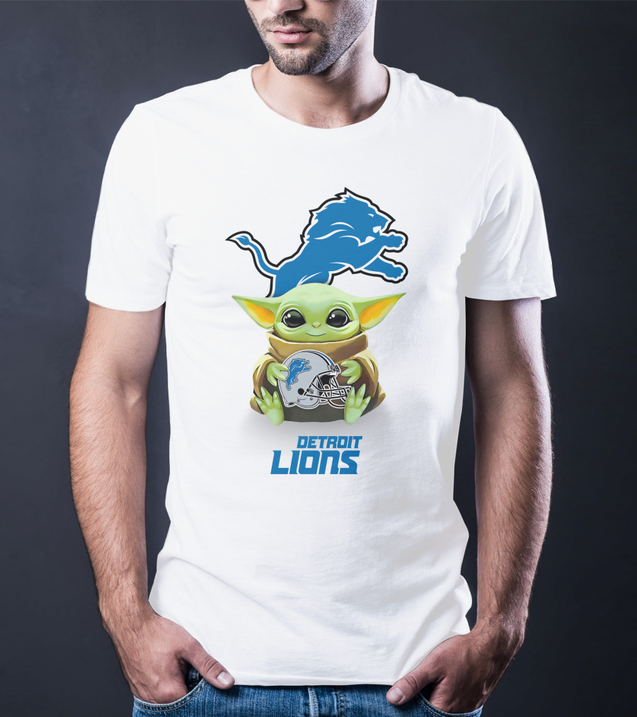 Star Wars Baby Yoda Holding Detroit Lions Helmet T-Shirt
